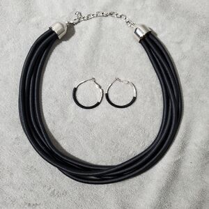 Multi-Strand Black Cord Necklace and Matching Earing Set